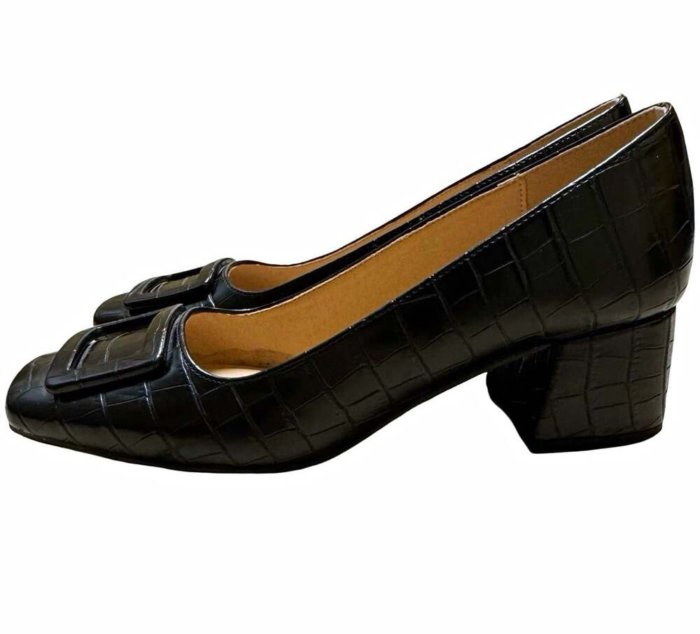 CL by Laundry Black Croc-Embossed Square Toe Block Heel Pumps 8.5M